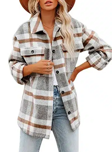 Beaully Women'S Brushed Plaid Shirts Long Sleeve Flannel Lapel Button Down Pocketed Shacket Jacket Coats Khaki Medium