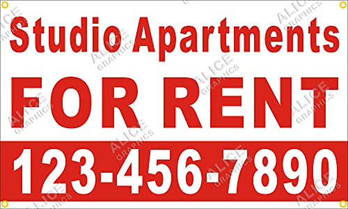 Alice Graphics X Custom Printed Studio Apartments For Rent Banner Sign With Your Phone Number (Design #), Existing Text Change Available (Optional)