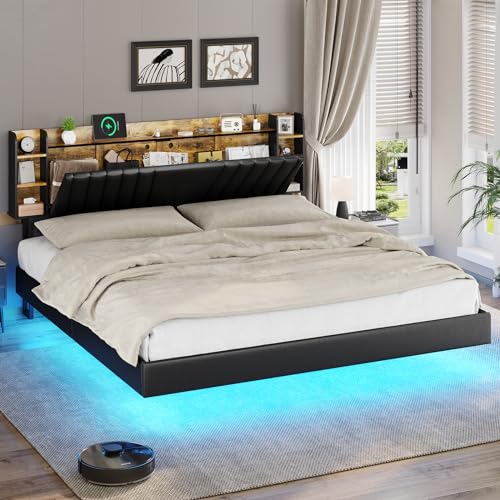 Dictac King Floating Bed Frame With Led Light, Upholstered Leather Platform Bed With Charging Station, Bed Frame With Bookcase And Hidden Storage Headboard, No Box Spring Needed, Easy Assembly, Black