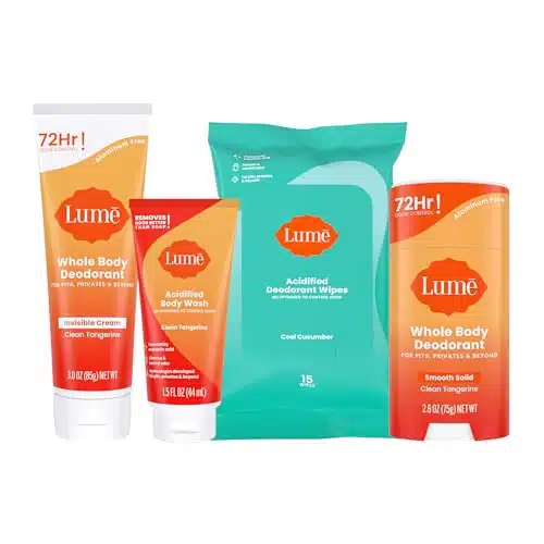 Lume Whole Body Deodorant Starter Pack   Smooth Solid Stick, Invisible Cream Tube, Acidified Body Wash Mini &Amp; Deodorant Wipes   Aluminum &Amp; Baking Soda Free Odor Control, Skin Loving (Clean Tangerine)