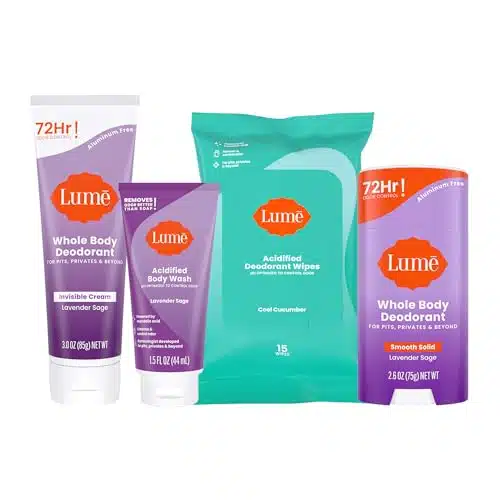 Lume Whole Body Deodorant Starter Pack   Smooth Solid Stick, Invisible Cream Tube, Acidified Body Wash Mini &Amp; Deodorant Wipes   Aluminum &Amp; Baking Soda Free Odor Control, Skin Loving (Lavender Sage)