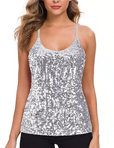 Maner Womens Sequin Tops Glitter Party Strappy Tank Top Sparkle Cami (Xl , Silver Grey)