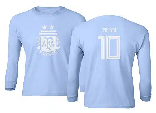 National Soccer Argentina #Lionel Messi South American Cup Boys Girls Youth Long Sleeve T Shirt (Carolina Blue, Youth   Medium)