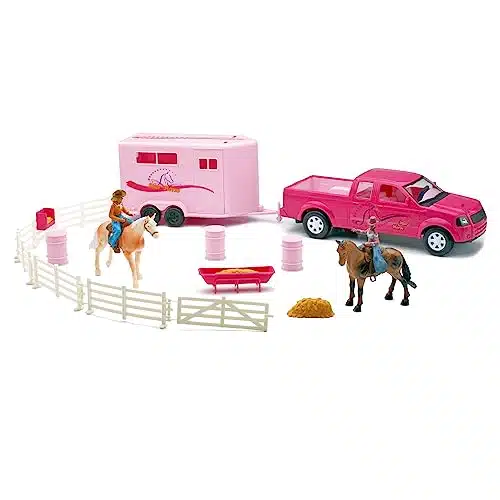 New Ray Pink Pick Up Truck &Amp; Trailer Horse Set