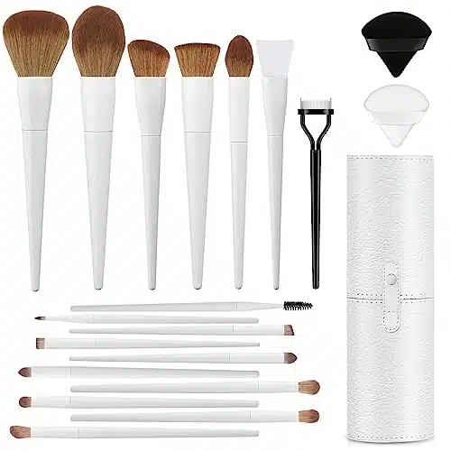 Professional Pcs Makeup Brush Set, Luxbru With Foundation Eyebrow Blending Concealer Blush Eyeshadow Contour Powder Brush, Brushes Kit With Travel Case &Amp; Powder Puff White