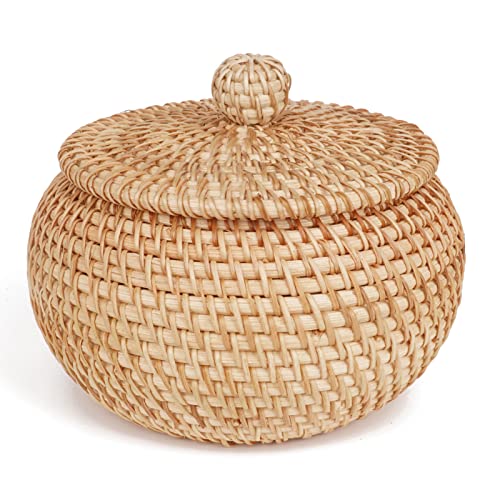 Rattan Round Basket With Lid, Rattan Storage Basket With Lid, Bread Food Basket Fruit Snacks Basket For Table Shelf Organizer