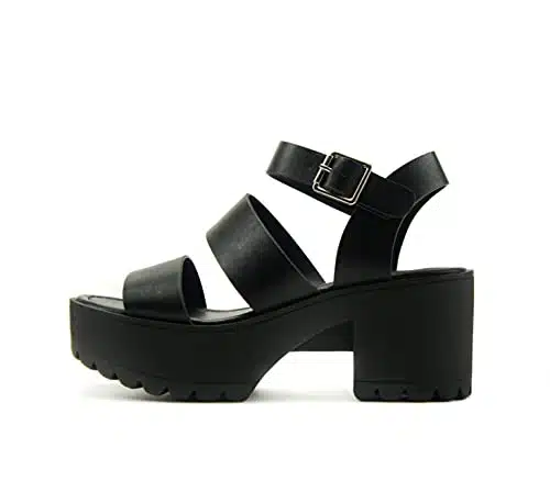 Soda Account ~ Women Open Toe Two Bands Lug Sole Fashion Heel Sandals With Adjustable Ankle Strap (Black, Numeric__Point_)