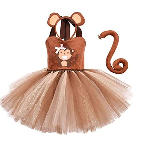 Toddler Girls Monkey Tutu Costume Halloween Cosplay Dress Cartoon Animal Themed Party Fancy Dress Up Halter Velvet Tulle Tutu Dress Shiny Birthday Party Outfit Ears Headband Tail Monkey Years