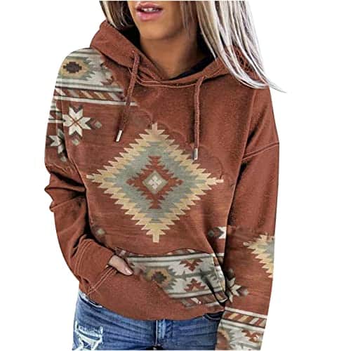 Black Of Friday Deals Hoodies For Women Fall Fashion Long Sleeve Hooded Sweatshirt Casual Vintage Aztec Print Pullover Tops Sweatshirt For Womens Fashion Coffee