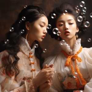 female korean models blowing bubbles