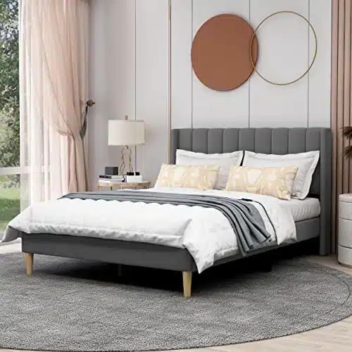 Agartt Upholstered Platform Bed Frame Full Size With Headboard Wooden Slats Supportno Box Spring Neededeasy Assembly,Grey