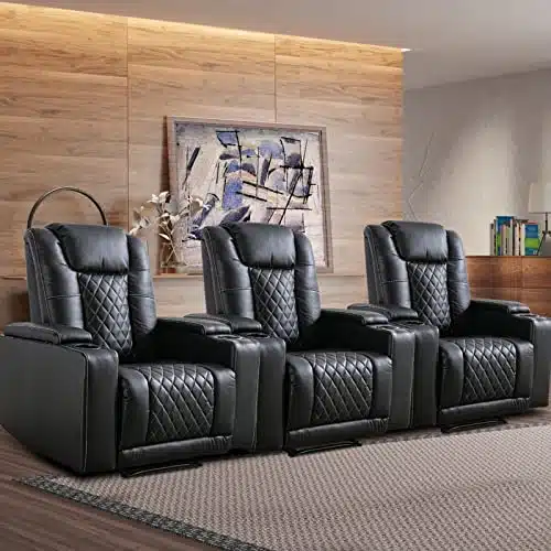 Anj Power Recliner Chair Set Of , Pu Leather Electric Home Theater Seating With Usb Ports And Cup Holders, Black Overstuffed Reclining Furniture With Hidden Arm Storage