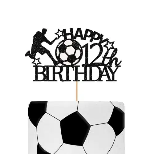 Black Soccer Happy Th Birthday Cake Topper, Sport Themed Birthday Party Cake Topper, Glitter Soccer Player Cake Decorations For Years Old Birthdayanniversary Party