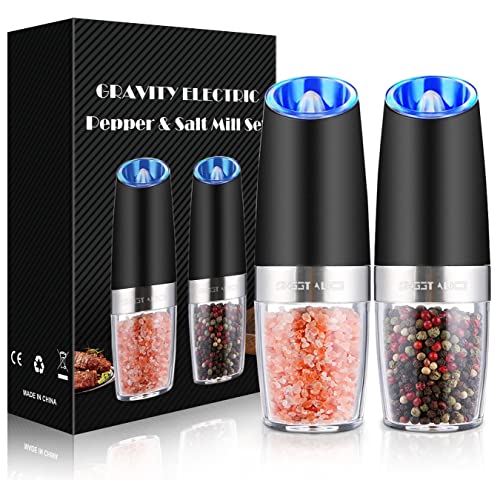 Gravity Electric Pepper And Salt Grinder Set, Adjustable Coarseness, Battery Powered With Led Light, One Hand Automatic Operation, Stainless Steel Black, Pack