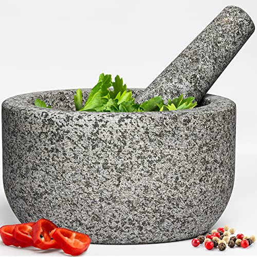 Heavy Duty Extra Large Mortar And Pestle Set, Hand Carved From Natural Granite, Make Fresh Guacamole, Salsa, Pesto, Stone Grinder Bowl, Herb Crusher, Spice Grinder, Cup, Grey