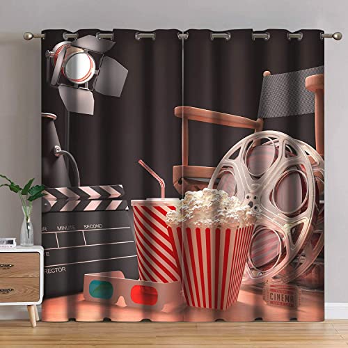 Jekeno Movie Theater Blackout Curtains Movie Theater Theme Print Home Bedroom Living Room Decor Sunlight Blocking Grommet Window Drapes Panel Set, X