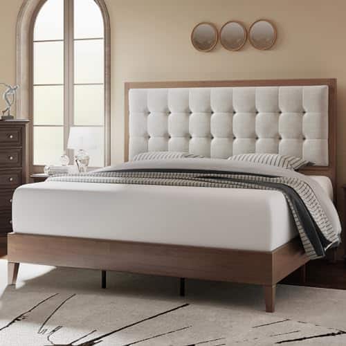 Jocisland Wood Platform Bed Frame Queen Size Upholstered Tufted Headboardsolid Wood Be No Box Spring Needed,Easy Assembly,Walnut