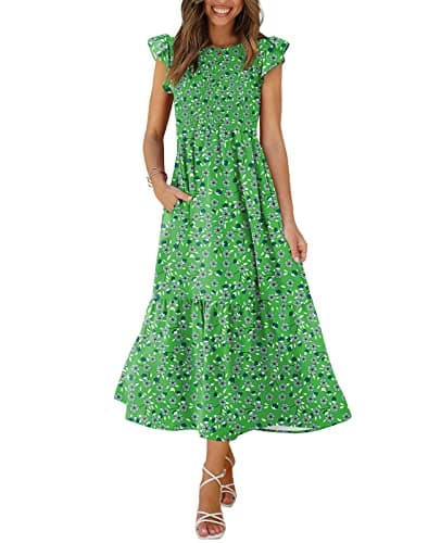 Ofeefan Womens Easter Dress Spring Dresses Tiered Dress Midi Dress Green Floral S