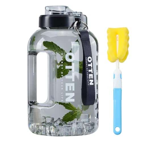 Otten Gallon Water Bottle With Time Marker   Oz Water Bottles With Bottle Brush, Reusable Tritan Wide Mouth Gym Water Bottle With Handle, Bpa Free Leak Proof Water Jug, Black