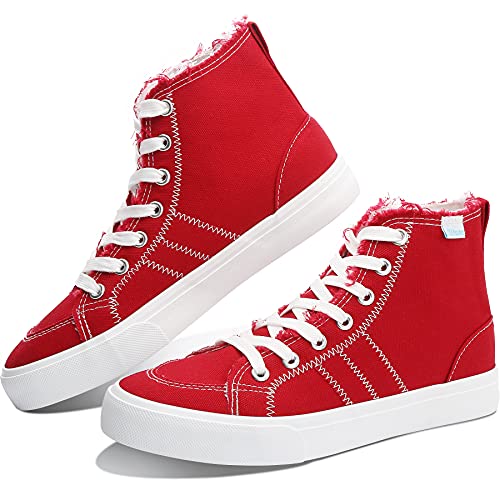 Obtaom Womens High Top Canvas Sneaker Play Mid Fashion Sneaker Casual Lace Up Skate Canvas Shoes(Red)