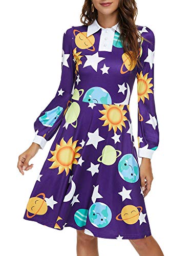 Torary Long Sleeves Peter Pan Collar Sun Moon Star And Earth Pattern Ms Frizzle Dress