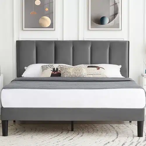 Vecelo Queen Bed Frame With Upholstered Headboard, Platform Mattress Foundation With Strong Wooden Slats Support, No Boxing Spring Needed, Easy Assembly, Grey