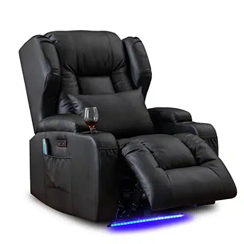 Vuyuyu Power Recliner Chair With Heat And Massage, Faux Leather Recliner Sofa Chairs For Living Room Home Theater Seating With Led Lightscup Holdersside Pocketusb Portinfinite