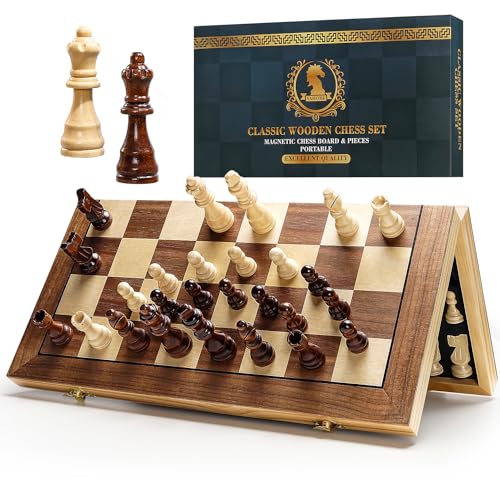 Vahome Magnetic Chess Board Set For Adults &Amp; Kids, Ooden Folding Chess Boards, Handcrafted Portable Travel Chess Game With Pieces Storage Slots &Amp; Extra Queens