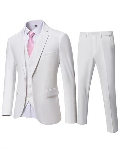 Ynd Men'S Slim Fit Piece Suit, One Button Jacket Vest Pants Set With Tie, Solid Party Wedding Dress Blazer, Tux Waistcoat And Trousers White