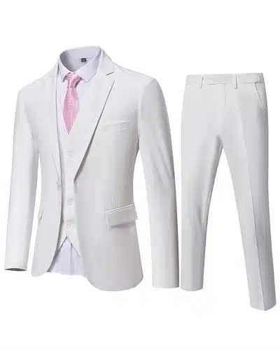 Ynd Men'S Slim Fit Piece Suit, One Button Jacket Vest Pants Set With Tie, Solid Party Wedding Dress Blazer, Tux Waistcoat And Trousers White