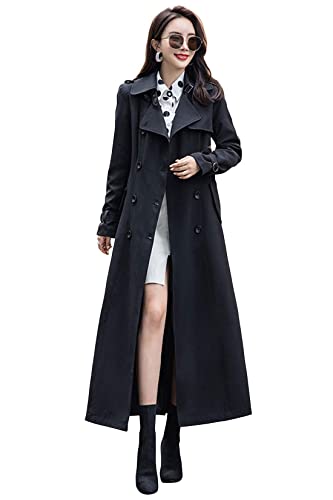 Ebossy Women'S Double Breasted Duster Trench Coat Slim Full Length Maxi Long Overcoat (Small, Black)