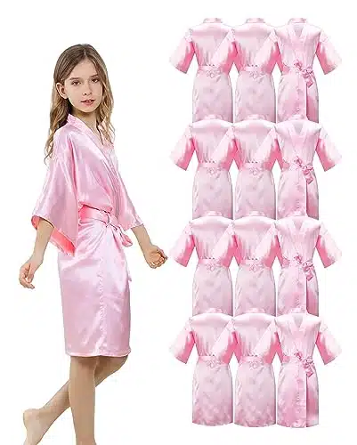 Alhavone Pieces Girls Kids Silky Satin Solid Color Short Kimono Robes For Wedding Birthday Party Spa (Pink Set Of , )