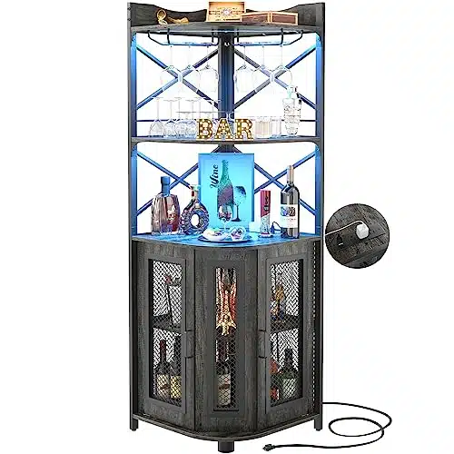 Aheaplus Corner Bar Cabinet With Power Outlet, Industrial Wine Cabinet With Led Strip And Glass Holder, Tiers Liquor Cabinet Bar Unit For Home, Corner Display Cabinet For Smal