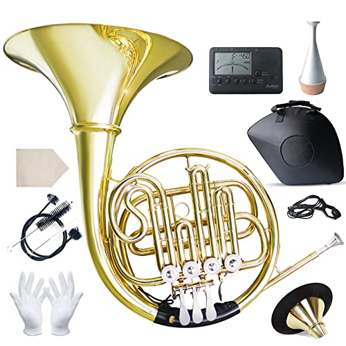 B Flat Single Row French Horn, Key Brass Lacquer Gold Craft French Horn For Beginners With Hard Case Cleaning Cloth Tuner Mouthpiece Split Design