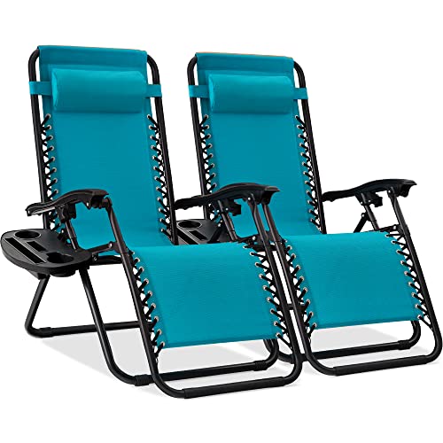 Best Choice Products Set Of Adjustable Steel Mesh Zero Gravity Lounge Chair Recliners Wpillows And Cup Holder Trays   Peacock Blue