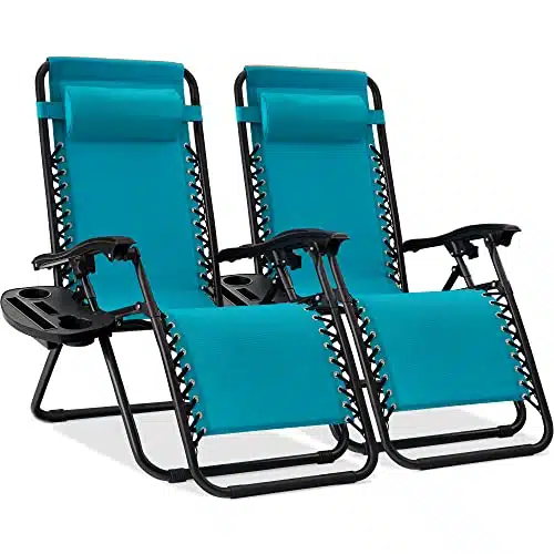 Best Choice Products Set Of Adjustable Steel Mesh Zero Gravity Lounge Chair Recliners Wpillows And Cup Holder Trays   Peacock Blue