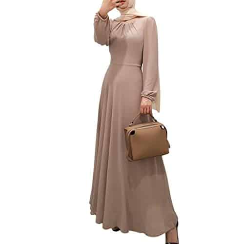 Boow Women'S Chiffon Kaftan Abaya Dress Muslim Long Sleeve Self Tie Flowy Maxi Dress Islamic Evening Gown (Khaki, M)