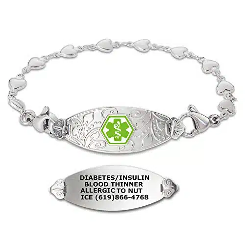 Divoti Custom Engraved Medical Alert Bracelets For Women, Stainless Steel Medical Bracelet, Medical Id Bracelet Wfree Engraving  Lovely Filigree Tag Wheart Link Light Green