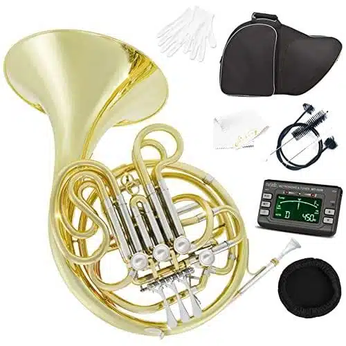 Double French Horn Fbb Keys Nickel Platedgold Craft Lacquer Brass French Horn With French Horn Case, Mouthpiece, Gloves, Cleaning Cloth And Brush (Gold)