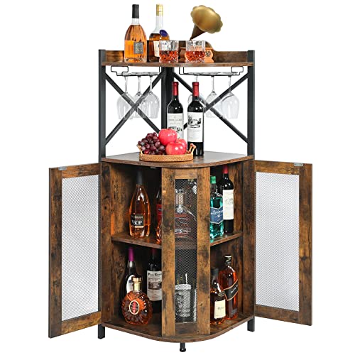 Jksmart Corner Bar Cabinet With Glass Holder, Industrial Wine Cabinet With Mesh Door, Liquor Bar Cabinet With Adjustable Shelf, Home Bar For Liquor And Wine Storage, Rustic Br