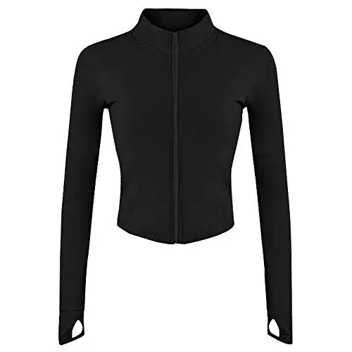 Lviefent Womens Lightweight Full Zip Running Track Jacket Workout Slim Fit Yoga Sportwear With Thumb Holes (Black, Medium)