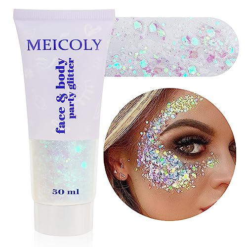 Meicoly Clear White Body Glitter,Mardi Gras Face Glitter Singer Concerts Festival Rave Accessories,Mermaid Sequins Glitter Face Paint,Chunky Hair Sparkling Halloween Glitter G