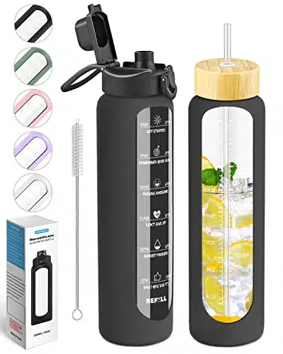 Nefeeko Oz Glass Water Bottles With Straw, Time Marker, Motivational Liter Bpa Free Leakproof Reusable Glass Water Bottle With Silicone Sleeve, Bamboo, Spout Lid