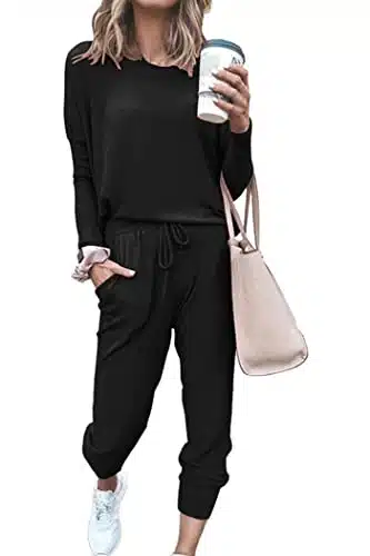 Prettygarden Women'S Fall Two Piece Outfit Long Sleeve Crewneck Pullover Tops And Long Pants Tracksuit (Black,Medium)