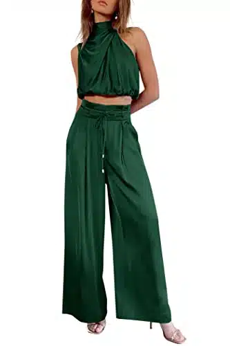 Prettygarden Women'S Piece Outfits Summer Casual Sleeveless Mock Neck Crop Tops Wide Leg Pants Set (Dark Green,Large)