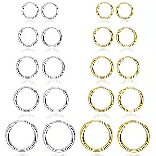 Pairs Gold Silver Hoop Earrings For Women Men, Small Endless Stainless Steel Hypoallergenic Earrings Set Girls Lightweight Nickel Free Cartilage Earings