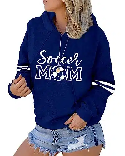 Sunidol Womens Soccer Mom Hooded With Pockets Long Sleeve Striped Pullover Loose Soccer Print Sweatshirt Blue Xxl