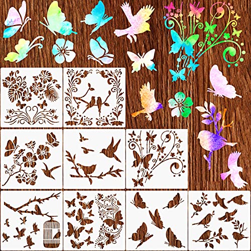 Whqxfdz Pieces Butterfly Stencils Bird Flower Stencil Flying Bird Painting Template Stencil Tropical Butterfly Drawing Reusable Stencil For Paint Craft Wall Diy Home Decor Woo