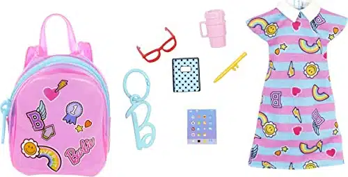 Barbie Clothes, Deluxe Clip On Bag With School Outfit And Five Themed Accessories For Barbie Dolls