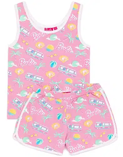 Barbie Girls Piece Co Ord  Kids Pink All Over Print Vest & Shorts Set  Palm Trees Sunglasses Summer Holiday Beach Daywear